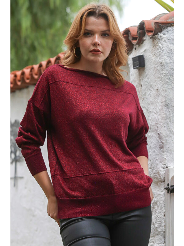Chiccy Bordo Kayık Yaka Yarasa Kol İnce Boncuklu Triko Bluz 70 70