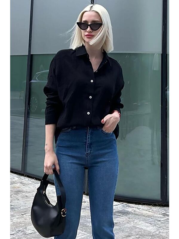 Madmext Siyah Muslin Kumaş Basic Kadın Gömlek Mg1660
