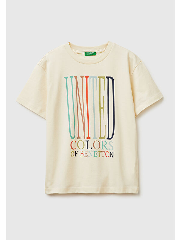 United Colors Of Benetton Erkek Çocuk Krem Önü Logo Baskılı Bisiklet Yaka T-Shirt