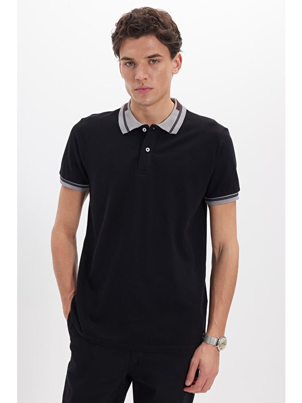 TUDORS Erkek Slim Fit Dar Kesim %100 Pamuk Düz Pike Yaka Ve Kol Detaylı Siyah Polo Yaka Tişört