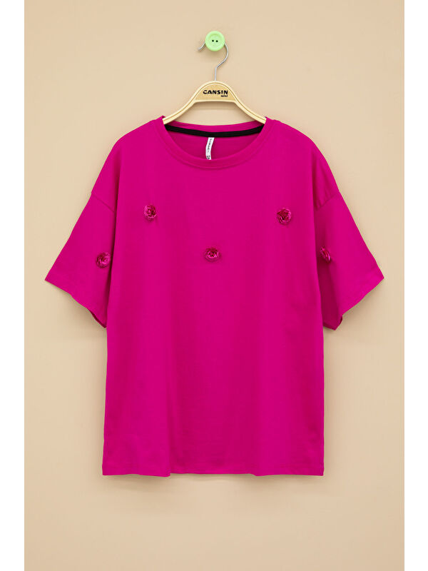 Cansın Mini Fuşya Gül Nakış Detaylı Kısa Kol Kız Çocuk Oversize Tişört 20806