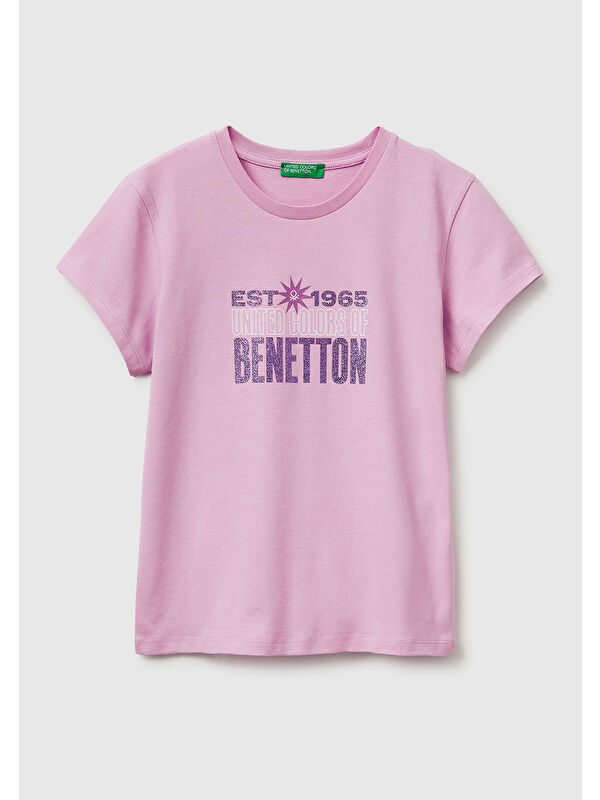United Colors Of Benetton Kız Çocuk Pembe Simli Logolu Bisiklet Yaka T-Shirt