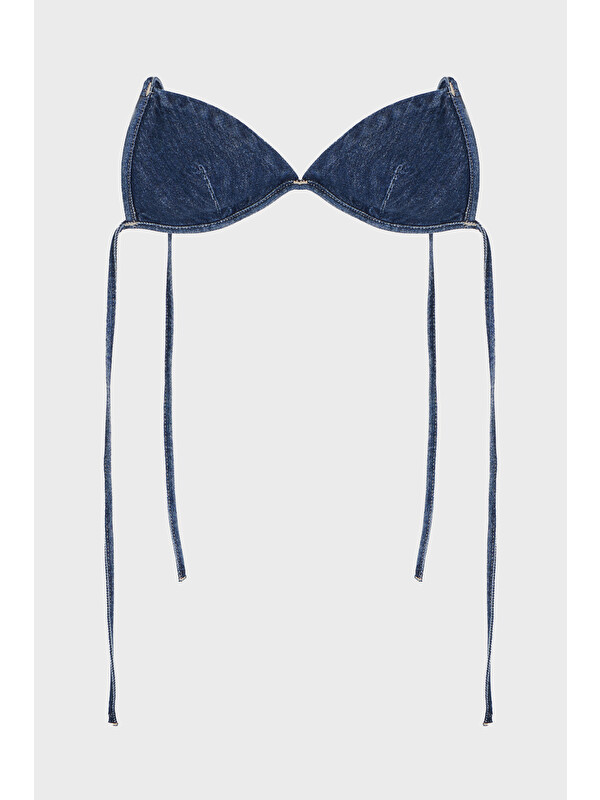 It's Basic Kadın Mavi Renk 1s5-5 %100 Pamuk Denim Kumaş Arkadan İpli Denim Bikini Üstü