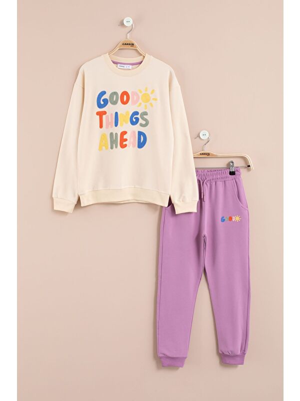 Cansın Mini Krem Good Things Nakışlı Kız Çocuk Bisiklet Yaka Eşofman Takımı 23391