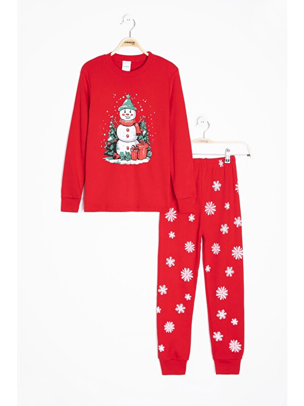 Cansın Mini Kırmızı Yılbaşı Temalı Uzun Kol Çocuk Pijama Takımı 23397