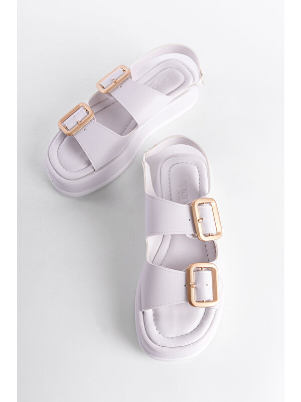 Dolgu Topuklu Çift Bantlı Tokalı Kadın Sandalet - Görsel 5