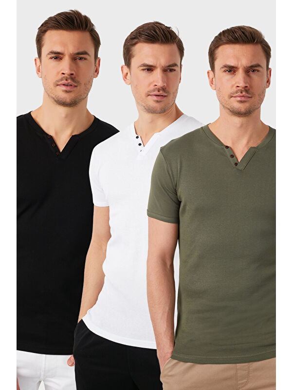 Buratti Pamuklu Düğme Detaylı Slim Fit V Yaka 3'lü Paket %100 Pamuk Tişört 5902122S3