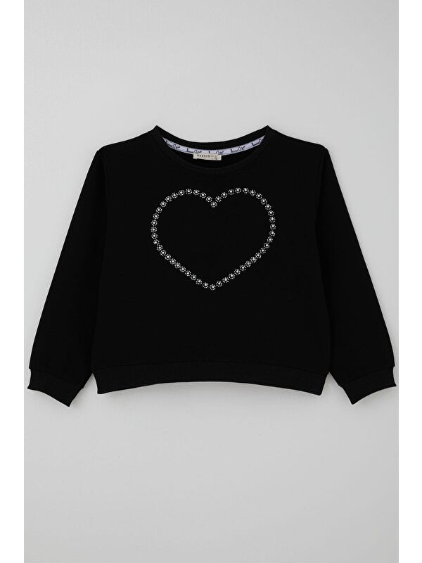 Breeze Kız Çocuk Sweatshirt Taşlı Kalp Baskılı Siyah (7-12 Yaş)