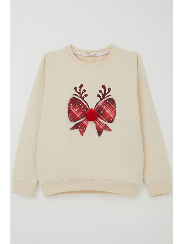 Breeze Kız Çocuk Sweatshirt Ponponlu Yılbaşı Kurdeleli Krem (6-12 Yaş)