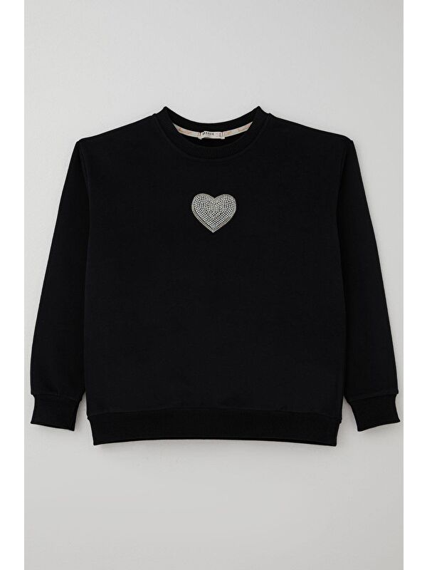 Breeze Kız Çocuk Sweatshirt Işıltılı Kalp Masalı İnci İşlemeli Siyah (9-14 Yaş)