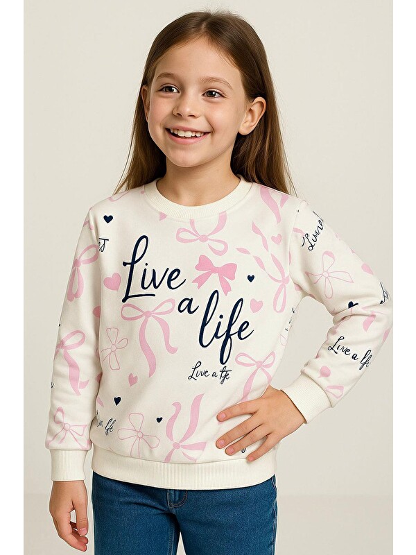 Breeze Kız Çocuk Sweatshirt Fiyonk & Kalp Baskılı Ekru (3-8 Yaş)
