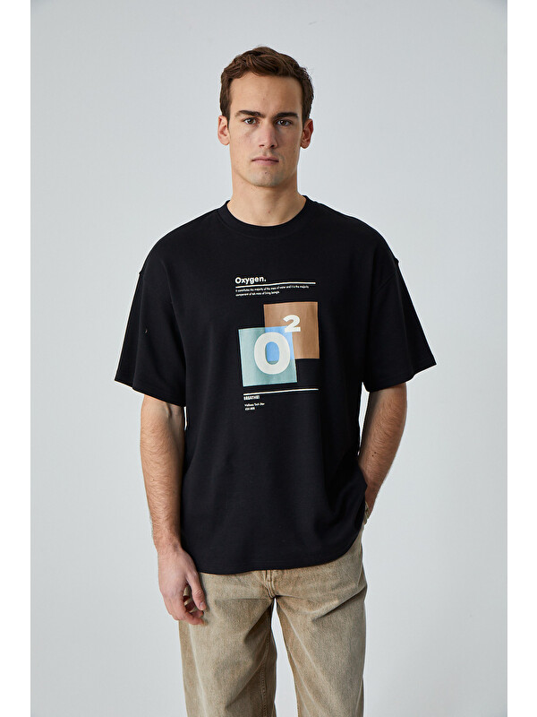 GRIMELANGE PRISMATIC Erkek %100 Organik Pamuklu Özel Kalın Dokulu Nefes Alabilir Oversize Baskılı SİYAH T-Shirt