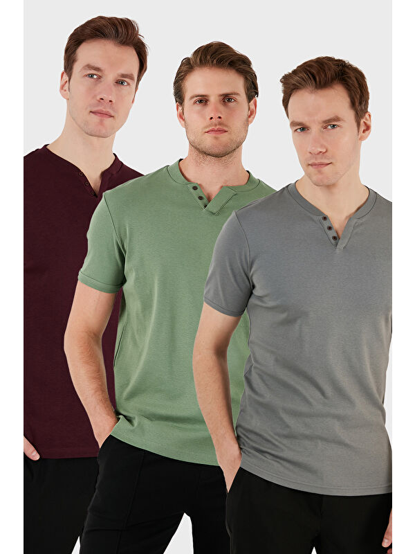 Buratti Pamuklu Düğme Detaylı Slim Fit V Yaka 3'lü Paket %100 Pamuk Tişört 5902122S3