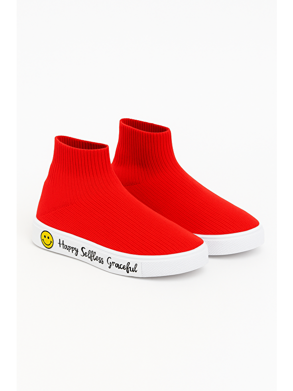 Çocuk Gülen Yüz Tabanlı Çorap Ayakkabı Kırmızı - Görsel 2