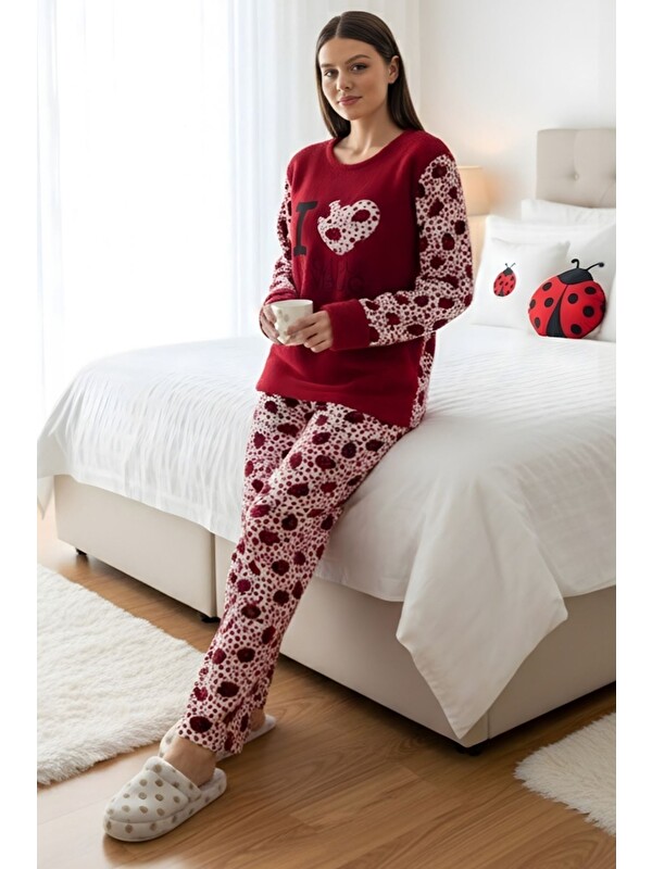 Gülseli Kadın Bisiklet Yaka Uğur Böceği Desenli Polar Pijama Takımı