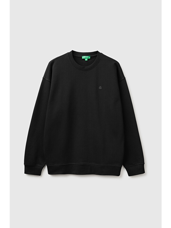 United Colors Of Benetton Erkek Siyah %100 Pamuk Önü Logo İşlemeli Bisiklet Yaka Sweatshirt