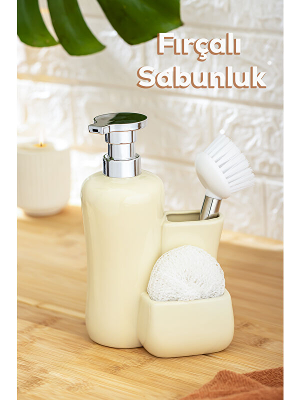 Porsima 277745 Tezgah Üstü Porselen Krem Sıvı Sabunluk Fırçalı Süngerlikli Sabunluk (550ml) 20cm