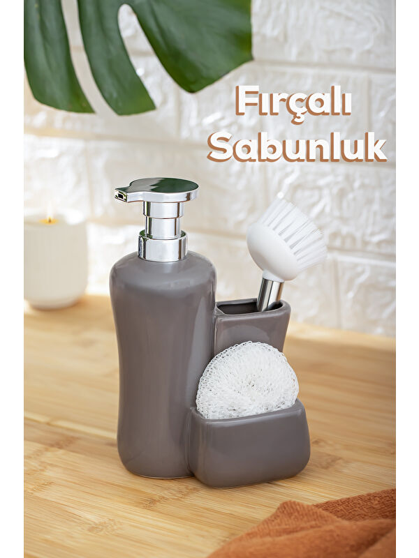 Porsima 277746 Tezgah Üstü Porselen Gri Sıvı Sabunluk Fırçalı Süngerlikli Sabunluk (550ml) 20cm