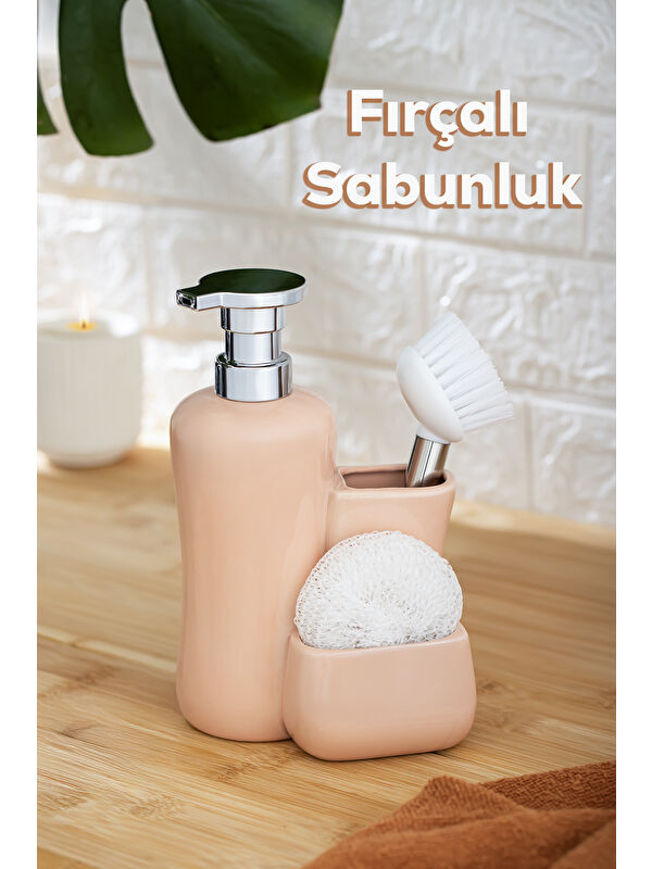 Porsima 277744 Tezgah Üstü Porselen Pudra Sıvı Sabunluk Fırçalı Süngerlikli Sabunluk (550ml) 20cm