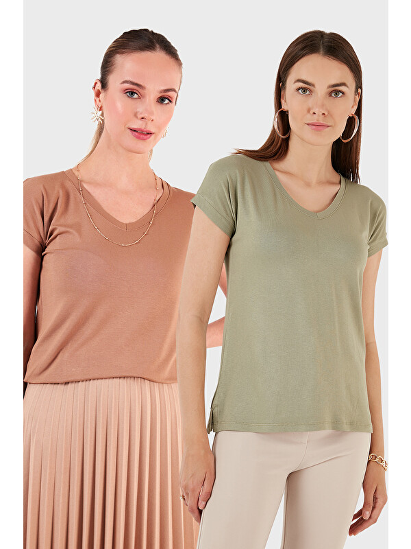 Lela V Yaka Relaxed Fit Yırtmaç Detaylı 2'li Paket Bluz 5862000S2
