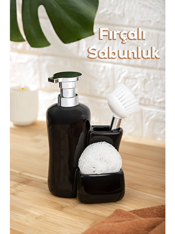 Porsima 268669 Tezgah Üstü Porselen Siyah Sıvı Sabunluk Fırçalı Süngerlikli Sabunluk (550ml) 20cm