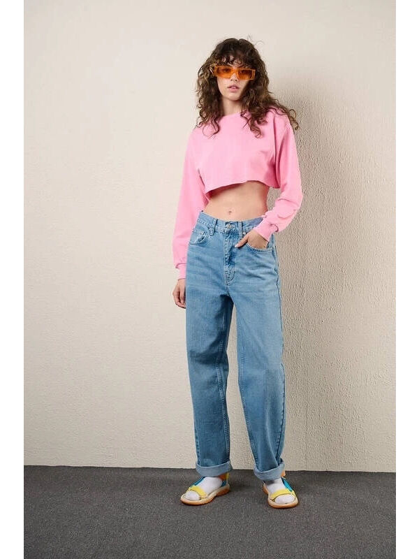 Hazelin Kadın Pembe Basic Bisiklet Yaka Uzun Kollu Crop Sweatshirt HZL24W-ZK11351