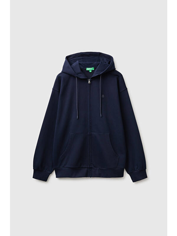 United Colors Of Benetton Erkek Lacivert %100 Pamuk Dar Kesim Fermuarlı Kapüşonlu Sweatshirt