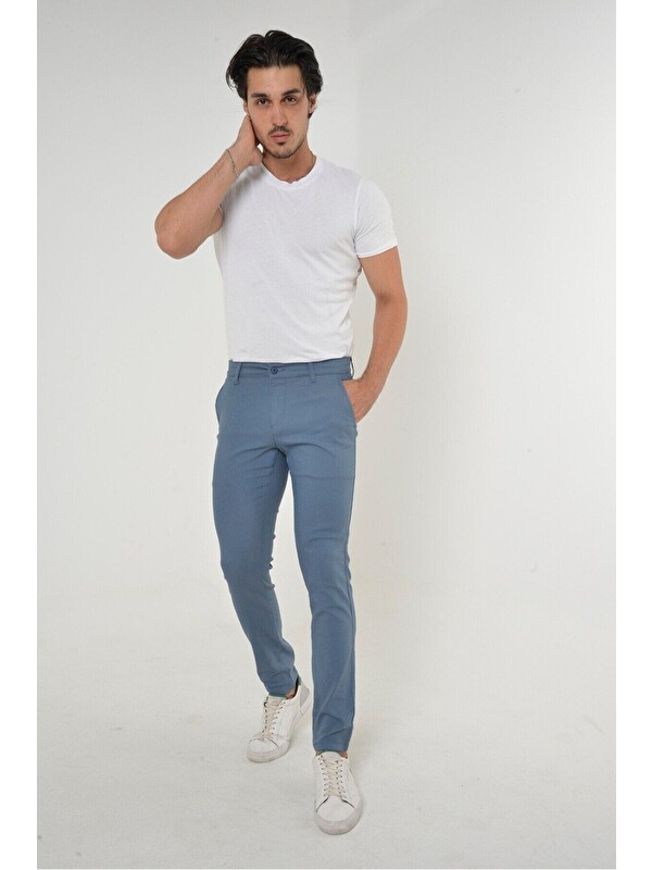 Comstar Erkek Indigo Slim Fit Dar Kesim Örgü Kumaş Yan Cep Pamuk  Chino Pantolon