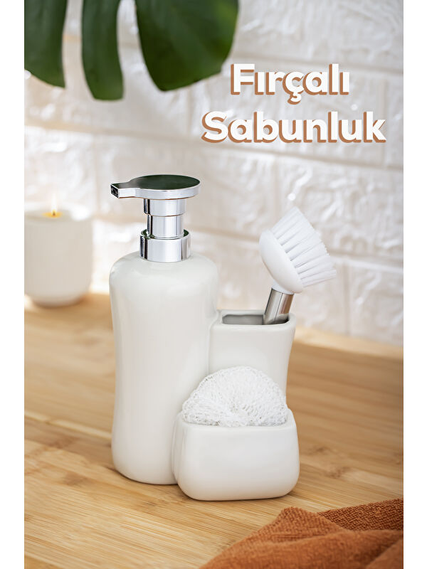 Porsima 277743 Tezgah Üstü Porselen Beyaz Sıvı Sabunluk Fırçalı Süngerlikli Sabunluk (550ml) 20cm