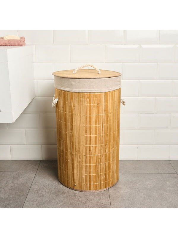 Simple Living Katlanır Yuvarlak Bambu Kirli Çamaşır Sepeti - Bej - 60 lt