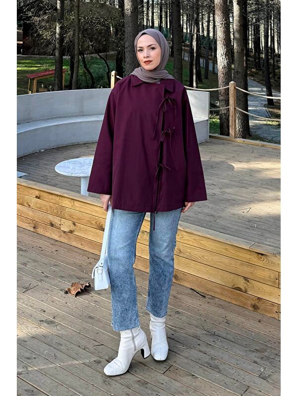 Lamelif Fiyonk Detaylı Trençkot Mürdüm