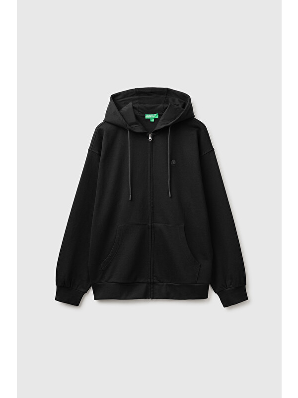 United Colors Of Benetton Erkek Siyah %100 Pamuk Dar Kesim Fermuarlı Kapüşonlu Sweatshirt