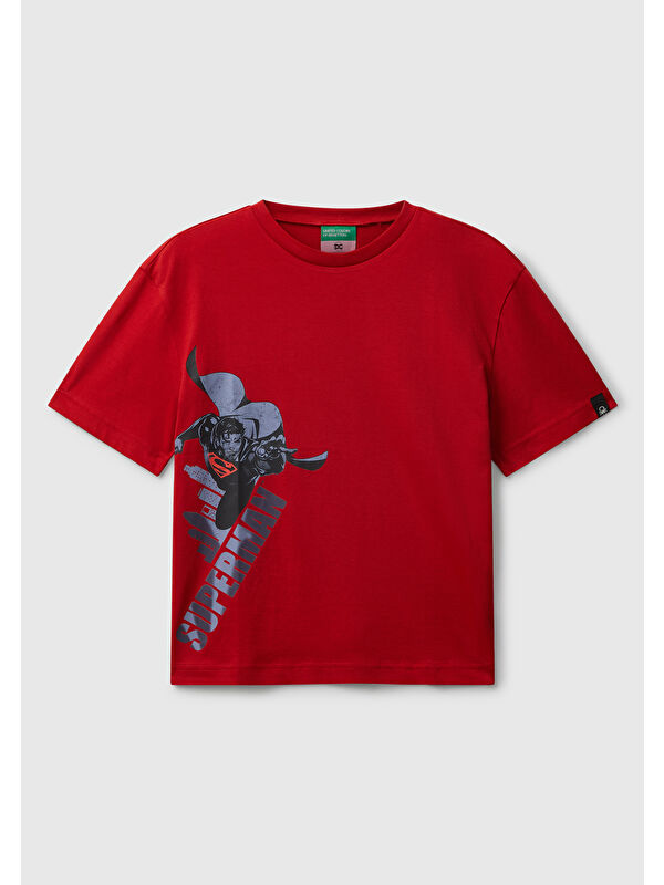 United Colors Of Benetton Erkek Çocuk Kırmızı Superman Baskılı Logo Etiketli T-shirt