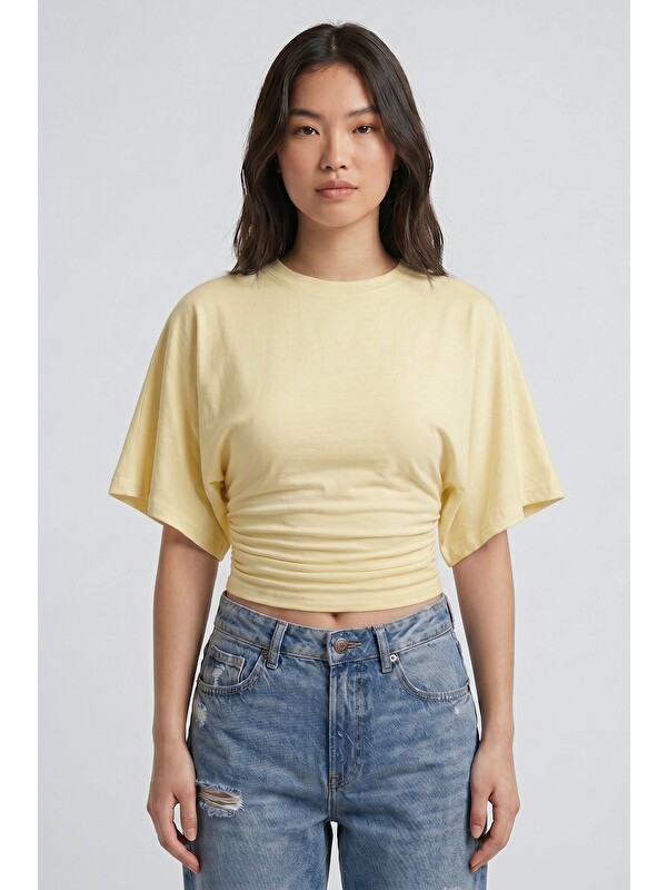 Saade Sarı Bisiklet Yaka Beli Büzgülü Yarasa Kollu Crop Bluz