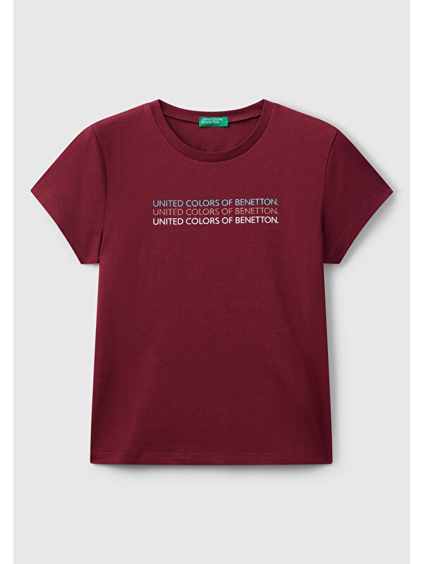 United Colors Of Benetton Kız Çocuk Bordo Parıltılı Logo Baskılı Ribana Yaka Regular Fit T-shirt
