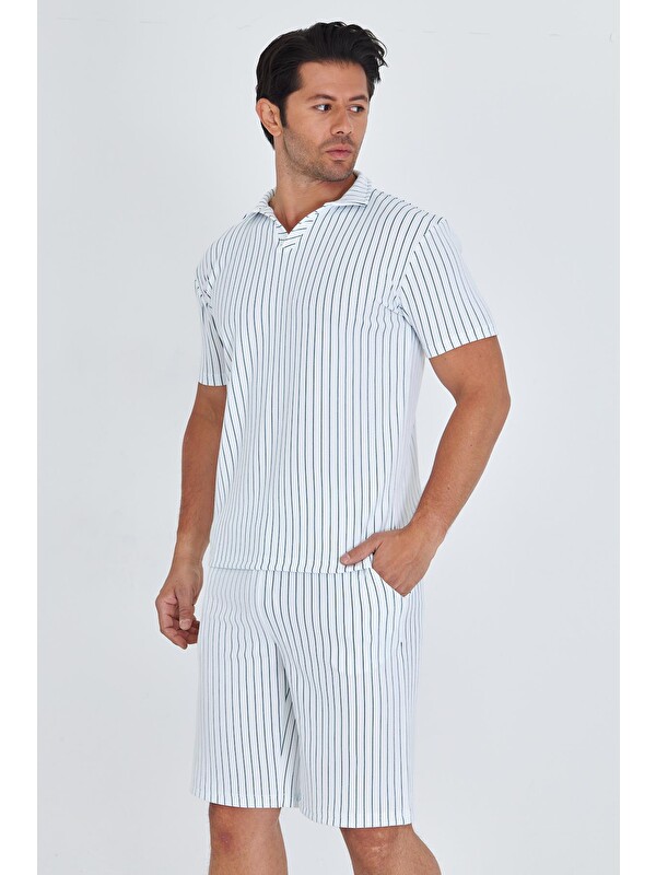 TRENDHILL Erkek Yakalı Çizgili Polycotton T-Shirt Şort İkili Takım Petrol 5733-P