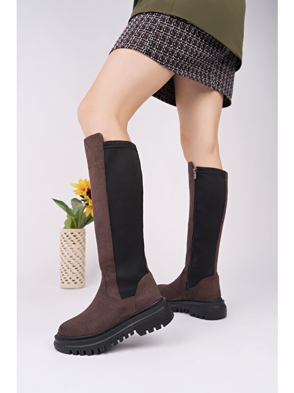 DİASA Süet Kalın Taban Streç Detaylı Fermuarlı Kadın Çizme - Görsel 3