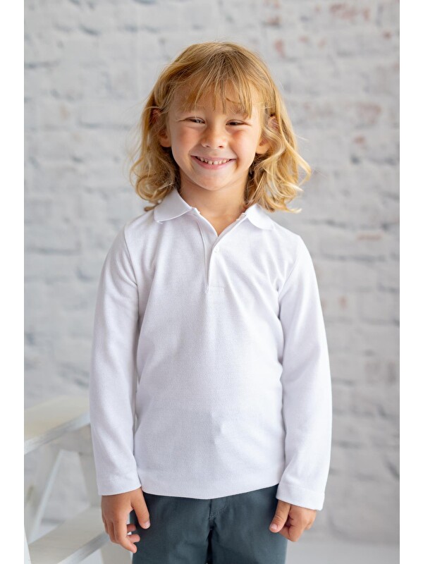 ZEYLAND Unisex Çocuk Uzun Kollu Polo Yaka T-Shirt - Beyaz