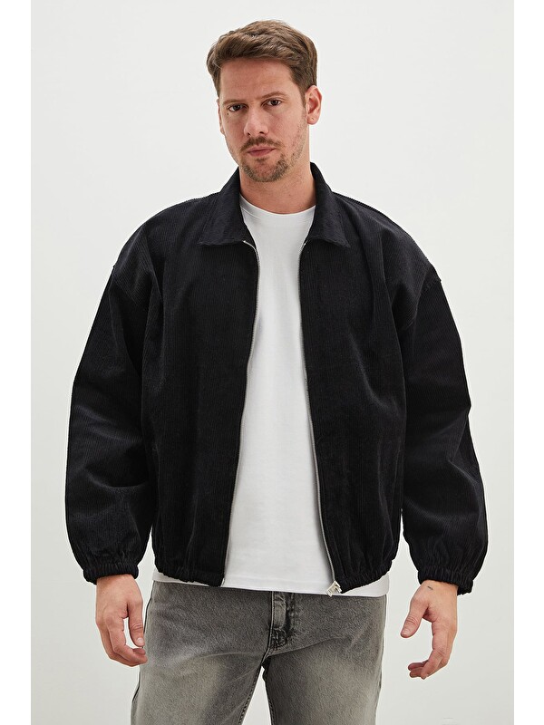 Fullamoda Fermuarlı Polo Yaka Kadife Bomber Ceket