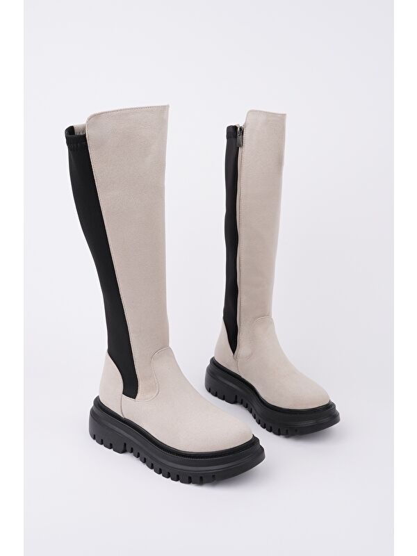 DİASA Süet Kalın Taban Streç Detaylı Fermuarlı Kadın Çizme - Görsel 3