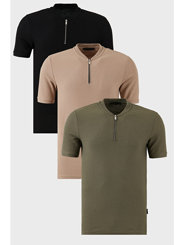 Buratti Pamuklu Regular Fit Yarım Fermuarlı Kolej Yaka 3'lü Paket Tişört 5902653S3