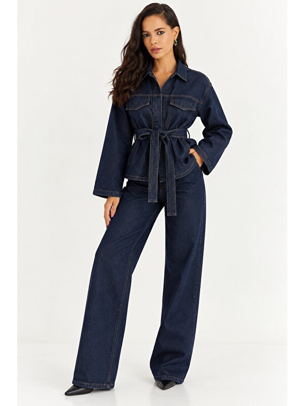 carla10 Kadın Koyu Lacivert Denim Kuşaklı Ceket & Bol Paça Jean İkili Takım