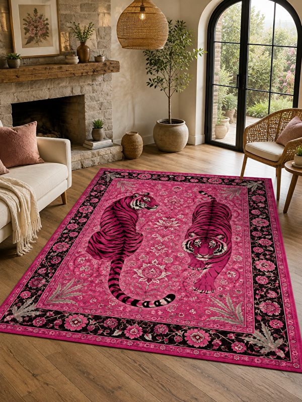 Milbay Grup Modern Pembe Kaplan Desenli Kadife Kumaş Dot Taban Kaymaz Dijital Baskılı Dekoratif Halı