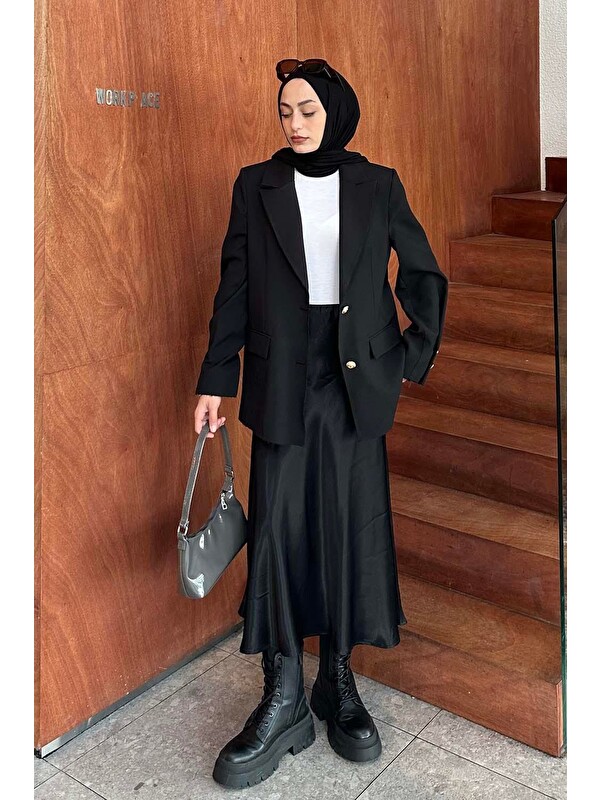 Lamelif Gold Düğmeli Blazer Ceket Siyah