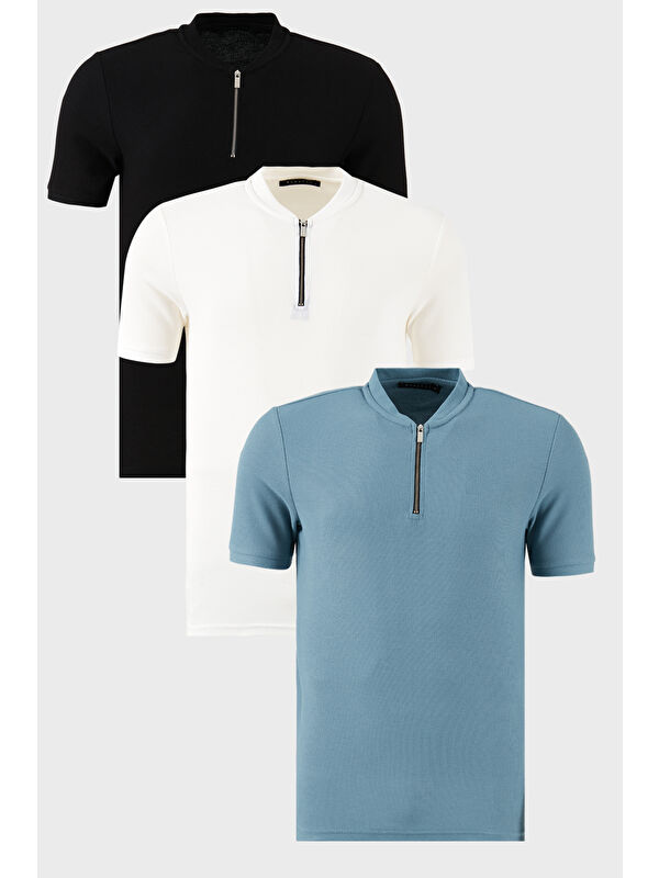 Buratti Pamuklu Regular Fit Yarım Fermuarlı Kolej Yaka 3'lü Paket Tişört 5902653S3