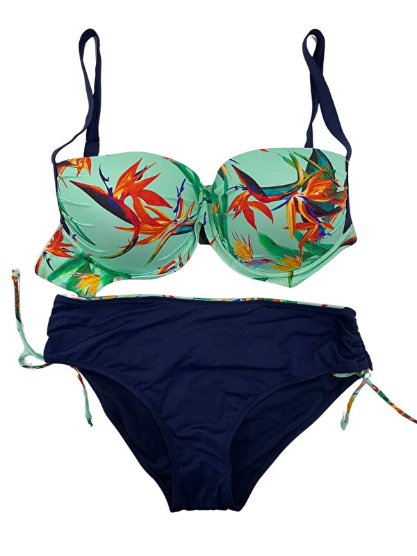 Hazelin Kadın Turkuaz Lacivert Desenli Büyük Beden Astarlı Bikini Takım HZL25S-LC3327