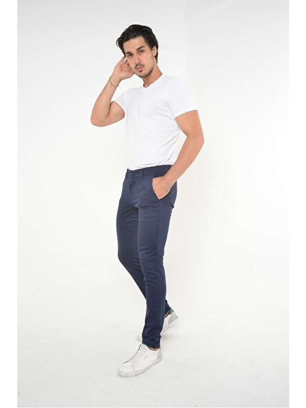 Comstar Erkek Lacivert Slim Fit Dar Kesim Örgü Kumaş Yan Cep Pamuk  Chino Pantolon