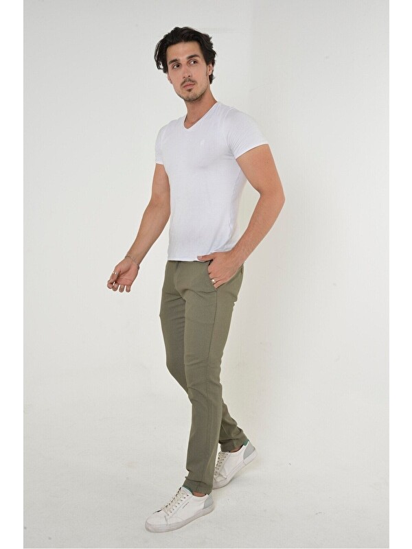 Comstar Erkek Haki Slim Fit Dar Kesim Örgü Kumaş Yan Cep Pamuk  Chino Pantolon