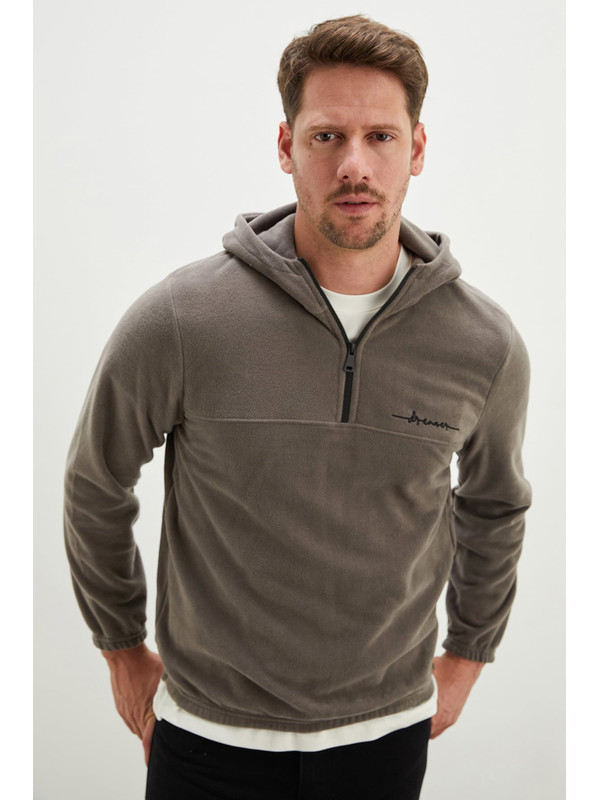 Fullamoda Yarım Fermuarlı Kapüşonlu Polar Sweatshirt