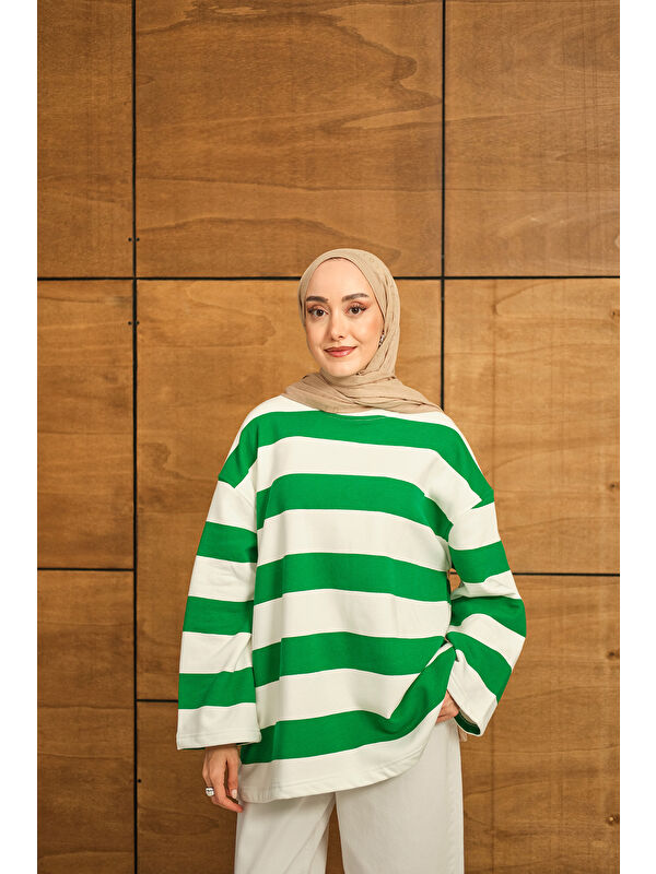 Locco Moda Kadın Kalın Çizgili Sweat Yeşil